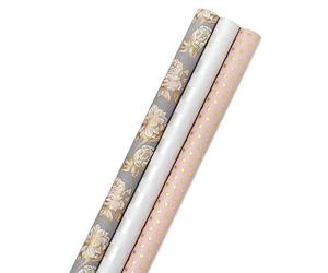 Hallmark Premium Wrapping Paper with Cut Lines on Reverse (3 Rolls: 85 sq. ft. TTL) Gold Hearts, Rose Flowers, White Stripes for Birthdays, Weddings, Mother's Day, Valentine's Day, Bridal Showers