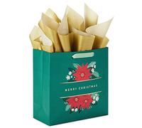 Hallmark Signature - Bolsa cuadrada de regalo de Navidad de 10 pulgadas con papel de seda (verde esmeralda con flores de pascua, dorado "Merry Christmas") para esposa, novia, madre, hija, abuela,