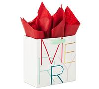 Hallmark Signature - Bolsa cuadrada de regalo de Navidad de 7 pulgadas con papel de seda (moderno "MERRY", marfil, rojo, dorado, verde menta) para hija, hermana, novia, tía, profesora, compañero de