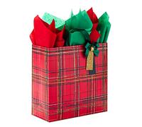 Hallmark Signature - Bolsa de regalo de Navidad cuadrada extra grande de 12 pulgadas con papel de seda (cuadros rojos con lazo y cascabeles)