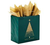 Hallmark Signature - Bolsa de regalo de Navidad mediana de 7 pulgadas con papel de seda (árbol verde cazador y dorado, "Happy Holidays") con papel de aluminio, purpurina, mango de metal