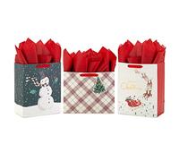 Hallmark Surtido de bolsas de regalo de Navidad con papel de seda (3 bolsas: 2 grandes de 13 pulgadas, 1 grande horizontal de 10 pulgadas), Papá Noel con trineo, cuadros rojos y verdes, muñeco de