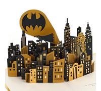 Hallmark Tarjeta 3D y desplegable para cualquier ocasión, Batman, señal de murciélago, diseño de ciudad gótica, cumpleaños, día del padre, dorado, negro