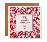 Hallmark Tarjeta de aniversario de boda de rubí para pareja, diseño intrincado en relieve con fondo de lámina roja