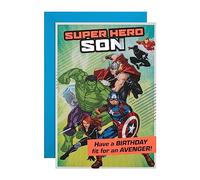 Hallmark Tarjeta de cumpleaños para hijo, diseño de superhéroes de Marvel con actividad