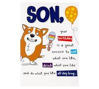 Hallmark Tarjeta de cumpleaños para hijo, divertida, humor, diseño emergente, ilustración de perro, blanco, marrón, azul