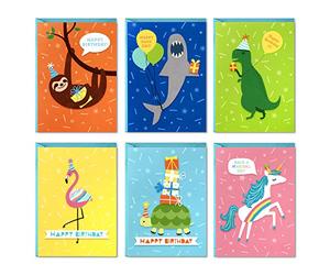 Hallmark Tarjetas de cumpleaños para niños, surtido de 48 tarjetas con sobres (dinosaurios, perezosos, unicornios, flamencos, tortugas, tiburones)