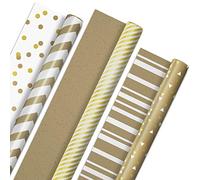 Hallmark White and Gold Wrapping Paper Rolls for Graduation, Birthday, Wedding, Bridal Shower, All Occasion - Brown Kraft Gift Wrap (Set of 3 Reversible Rolls: 75 sq. ft. ttl.)
