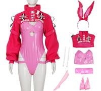 Hallojojo Alice Disfraz Mujer Cosplay Alice Sexy Bunny Girl Uniforme Rosa Cuero Mono y Chaqueta Orejas de Conejo Calcetines Set para Halloween Carnaval Fiesta Cumpleaños Mascarada Anime Show Costume