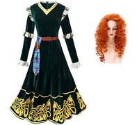 Hallojojo Merida Disfraz Mujer Cosplay Valiente Princesa Merida Medieval Vintage Velvet Largo Vestido de Noche con Peluca para Fancy Dress Up Halloween Carnaval Fiesta Mascarada Vestido de Baile