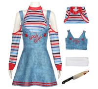 Hallojojo Mujer Disfraz de Chucky Muñeca Asesina Top a Rayas y Vestido con Cuchillo de Juguete Disfraz de Terror Halloween Cosplay Navidad Carnaval Fiesta Disfraces Adultos (Talla S-3XL)