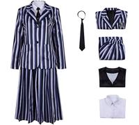 Hallojojo Nevermore Academy Disfraz Mujer Cosplay Miércoles Temporada 2 Nevermore Rayas Uniforme Escolar Chaqueta Chaleco Camisa Falda Corbata y Peluca para Halloween Carnaval Fiesta Mascarada Costume