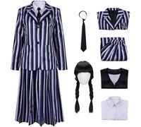 Hallojojo Nevermore Academy Disfraz Mujer Cosplay Miércoles Temporada 2 Nevermore Rayas Uniforme Escolar Chaqueta Chaleco Camisa Falda Corbata y Peluca para Halloween Carnaval Fiesta Mascarada Costume
