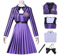 Hallojojo Nevermore Academy Disfraz Mujer Cosplay Season 2 Enid Sinclair Uniforme Escolar Chaqueta Blusa Vestido Pajarita Cinturón y Peluca para Halloween Carnaval Fiesta Mascarada Traje, Morado Negro