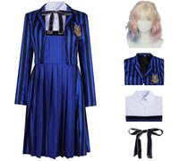 Hallojojo Nevermore Academy Disfraz Mujer Cosplay Temporada 2 Enid Sinclair Nevermore Rayas Uniforme Escolar Chaqueta Vestido Pajarita y Peluca para Halloween Carnaval Fiesta Mascarada Costume