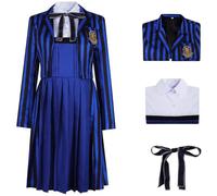Hallojojo Nevermore Academy Disfraz Mujer Cosplay Temporada 2 Enid Sinclair Nevermore Rayas Uniforme Escolar Chaqueta Vestido Pajarita y Peluca para Halloween Carnaval Fiesta Mascarada Costume