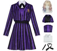 Hallojojo Nevermore Academy Disfraz Mujer Cosplay Temporada 2 Enid Sinclair Nevermore Uniforme Escolar Chaqueta Blusa Vestido Pajarita Cinturón y Peluca para Halloween Carnaval Fiesta Mascarada Traje