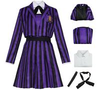 Hallojojo Nevermore Academy Disfraz Mujer Cosplay Temporada 2 Enid Sinclair Nevermore Uniforme Escolar Chaqueta Blusa Vestido Pajarita Cinturón y Peluca para Halloween Carnaval Fiesta Mascarada Traje