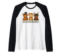 Hallothanksmas Highland Cow Trio Halloween Thanksgiving Camiseta Manga Raglan