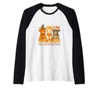 Hallothanksmas Highland Cow Trio Halloween Thanksgiving Camiseta Manga Raglan