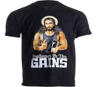 Hallowed Be Thy Gains Funny Muscle Jesus Weight Lifting Work out Humor T Shirt Gymnase. Mens T-Shirt Graphic Unisex tee Black M