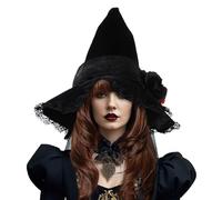 Halloween Barroque Witch Hat - Worth Brim Hombo de mago puntiagudo | Accesorio de Velvet Ruched Gothic Queen - Mesh Flower Disfray Hat for Witches | HABILLO DE BITCHES NEGROS - Propósito de fiesta de