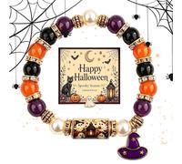 Halloween Beaded Bracelet - Black Cat & Pumpkin Charm | Stretch Wristband