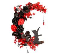 Halloween Black Cat Moon Wreath Gothic Front Door Decor | Durable wood and resin construction, spooky moon cat design, perfect for home wall decor Red