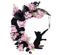 Halloween Black Cat Moon Wreath Gothic Front Door Decor | Durable wood and resin construction, spooky moon cat design, perfect for home wall decor Pink