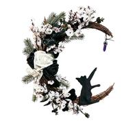 Halloween Black Cat Moon Wreath Gothic Front Door Decor | Durable wood and resin construction, spooky moon cat design, perfect for home wall decor White