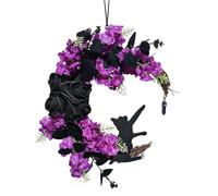 Halloween Black Cat Moon Wreath Gothic Front Door Decor | Durable wood and resin construction, spooky moon cat design, perfect for home wall decor Purple