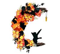 Halloween Black Cat Moon Wreath Gothic Front Door Decor | Durable wood and resin construction, spooky moon cat design, perfect for home wall decor Orange