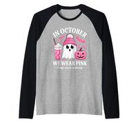 Halloween Breast Cancer Women in October We Wear Pink Camiseta Manga Raglan