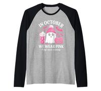 Halloween Breast Cancer Women in October We Wear Pink Camiseta Manga Raglan
