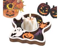Halloween Candle Holder, Wooden Pumpkin Ghost Candlestick Stand, 4.13x4.13 Inches Festive Table Centerpiece for Home, Party, Living Room, Bedroom, Farmhouse, Spooky Autumn Decor, Fall Decoration