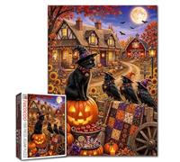 Halloween Cat Jigsaw Puzzle 1000 Piece for Adults Black Kitten with Ravens and Pumpkins Puzzle Cozy Autumn Village Moonlight Artwork, Challenging Fall Activity Game, Seasonal Home Decor Gift