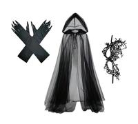 Halloween Cloak | with Hood Scary Witch Bride Veil and Gloves Costume Set