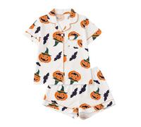 Halloween con cuello de solapa, pantalones cortos de manga corta para mujer, pijama informal con estampado integral, mezcla de algodón transpirable, ideal para noches relajadas, se puede usar durante