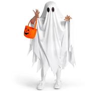 Halloween Costumes for Kids, White Ghost Cloak Costume, Fun Cosplay Outfit with Pumpkin Trick or Treat Bag, Perfect for Children Girls Party Festival Birthday Events
