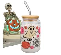 Halloween Cups - 400ml Pumpkin Ghost Glass Tumbler for Iced Coffee, with Reusable Mug Juice, or Festive Drinks, Cute Kids, Women, Teens, and Adults at Halloween Parties or Gatherings.