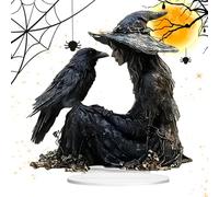 Halloween Desk Decor, Acrylic Tabletop Sign, 5.91x5.91x0.39 inches, 2D Gothic Crow Accent, Spooky Witch Ornament Display, Lightweight Seasonal Piece, for Dorm Shelf Bathroom Car Kitchen Bedroom Studio