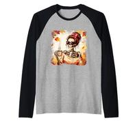 Halloween Divertido Esqueleto Mamá Moño Desordenado Café Mujeres Camiseta Manga Raglan