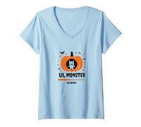 Halloween Embarazo Lil Monster Cargando Camiseta Cuello V, Mujer, Azul Bebé, S