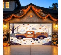 Halloween Express Truck Ghost Theme Pickup Garage Door Cover 157 x 71 | Fantasmas fantásticos, decoraciones de puerta de garaje, hojas de otoño, gato, telarañas, exterior de casa de temporada