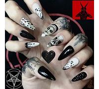Halloween False Nails Black Skull Press on Nails Blood Stick on Nails Ballerina Acrylic Fake Nails 24Pcs for Women and Girls