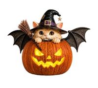 Halloween Figurine, Witch Cat Pumpkin Sculpture, Sculptures with LED Light