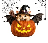 Halloween Figurine Witch Cat Pumpkin - Sculpture with LED Light Garden for