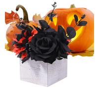 Halloween Flower Arrangement, Day of the Dead Artificial Black Flowers Bouquet with Wooden Vase, Gothic-Style Centerpieces Decorations for Hotel, Dormitory, Workplace, Reception Desk, Restaurant