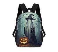 Halloween Ghost, Cat, And Pumpkin Scene Mochila Escolar Mochila Informal Para El Día A Día Mochila Escolar Para El Trabajo Bolsa De Viaje Para Acampar Aventuras Al Aire Libre Y Viajes Diarios 17inch