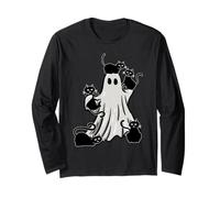 Halloween Ghost Holding Black Cat Lover Spooky Costume Funny Manga Larga